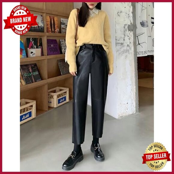 Faux Leather Pants High Waist Straight Leg Ankle Cropped Vegan Pleather - Picture 6 of 7